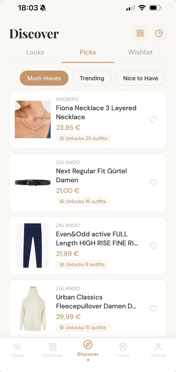 Discover, Picks: new pieces with prices and how many outfits each one unlocks.