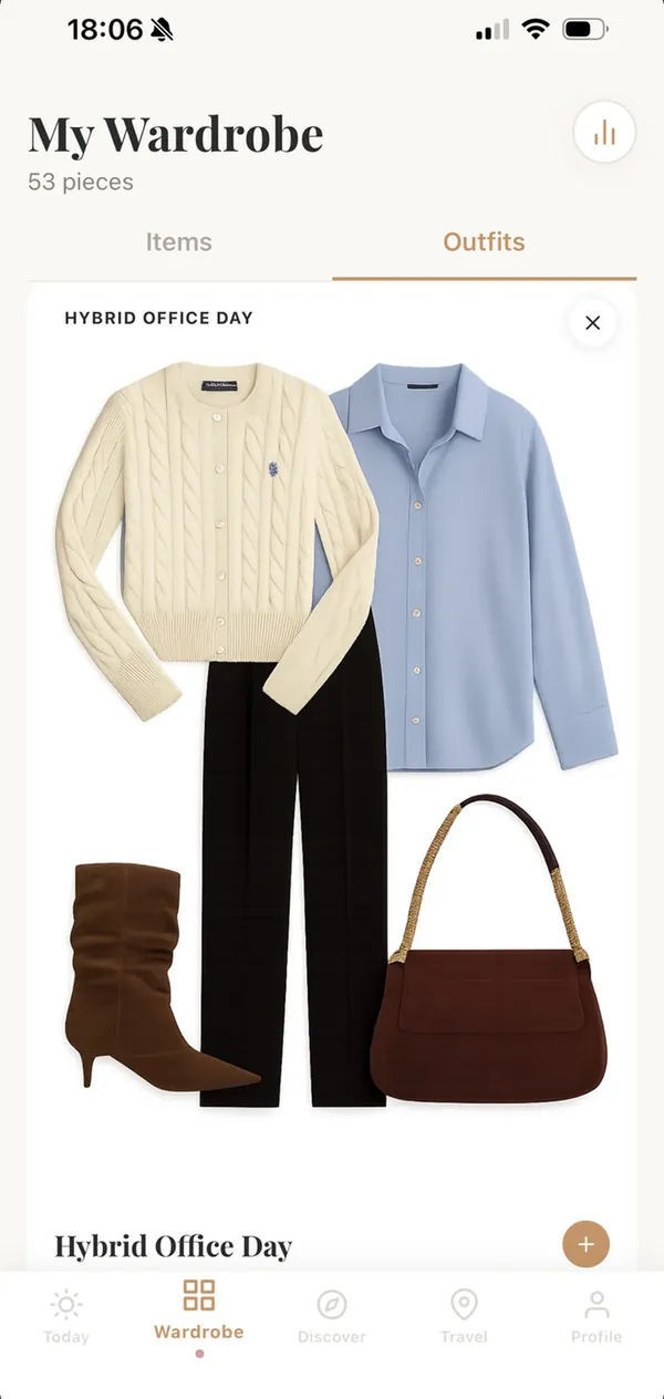 An outfit collage for a Hybrid Office Day: cream cable knit, blue shirt, black trousers, brown boots and bag.