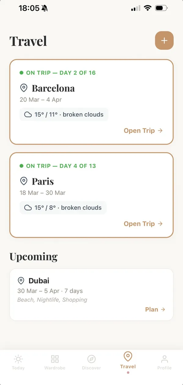 Travel: upcoming trips to Barcelona and Paris with the weather for each.
