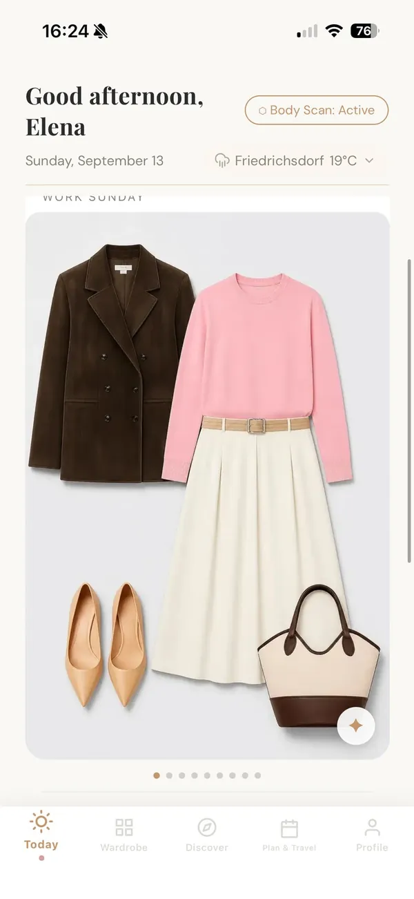 aurelle Today screen: “Good afternoon, Elena”, a Work Sunday outfit of brown suede blazer, pink knit and cream skirt.