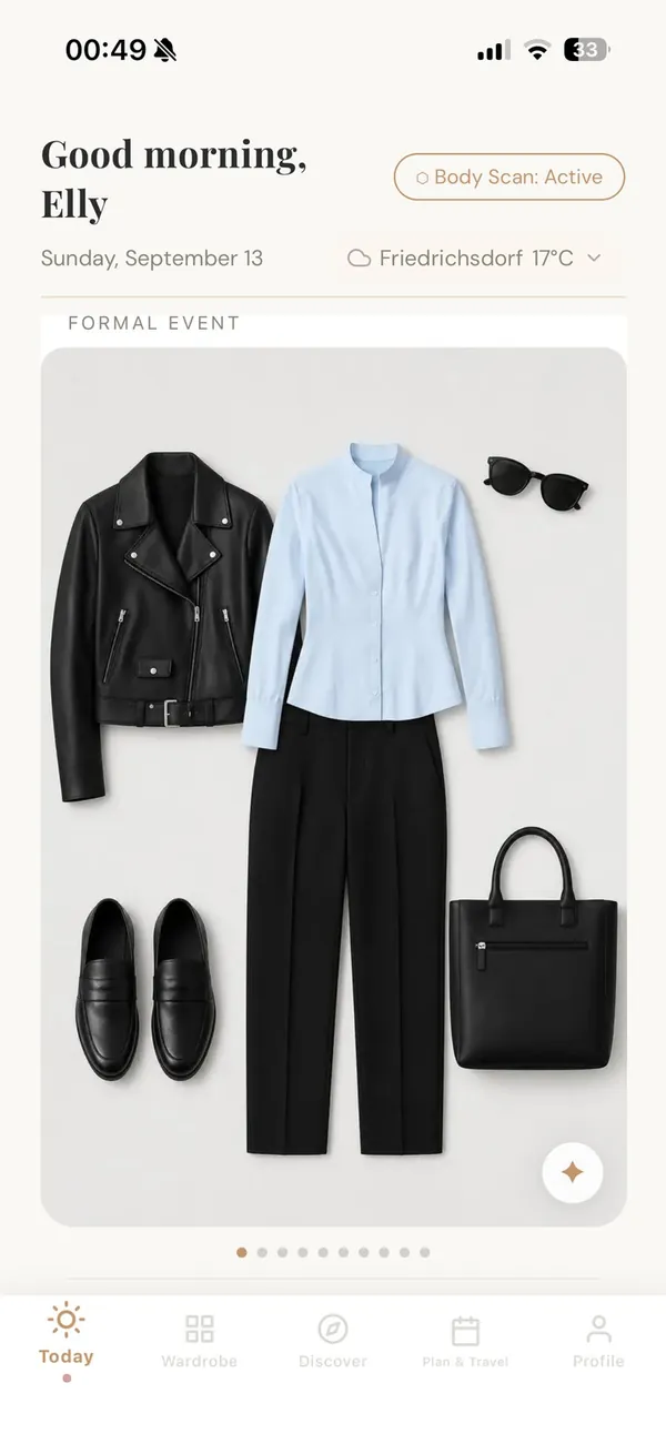 aurelle Today screen: a Formal Event outfit of black leather jacket, pale blue shirt and black trousers.