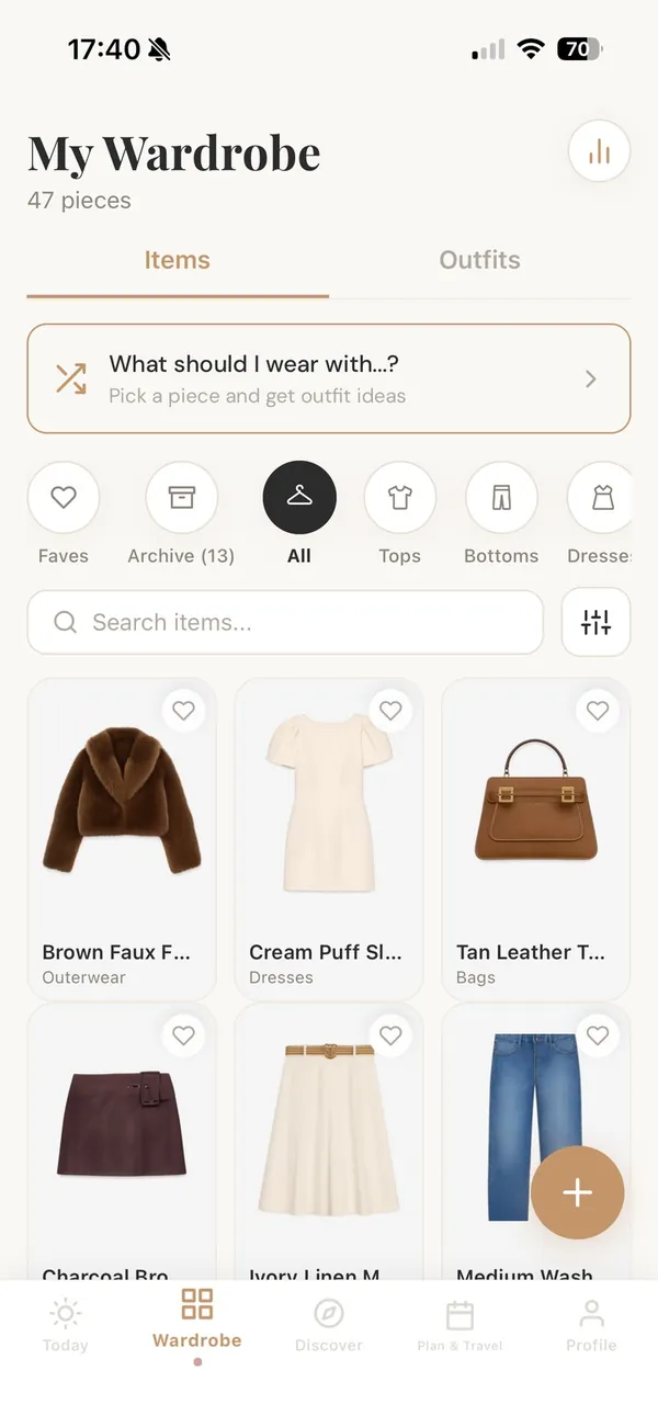 My Wardrobe: 47 pieces, with the “What should I wear with…?” prompt and filters.